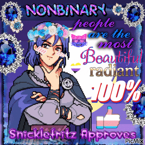 a pixel art of a man with the words nonbinary people are the most beautiful radiant 100 % on the bottom