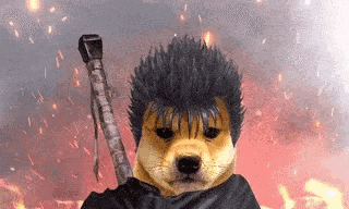 a dog is holding a sword in its mouth and wearing a black cape .