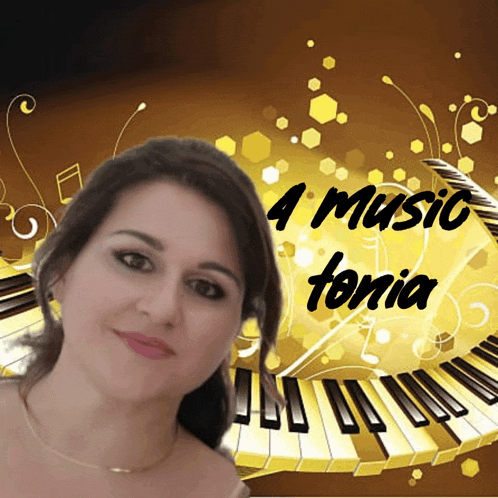 a woman stands in front of a piano keyboard with the words 4 music tonia written on the bottom