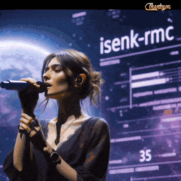 a woman singing into a microphone in front of a screen that says thank you