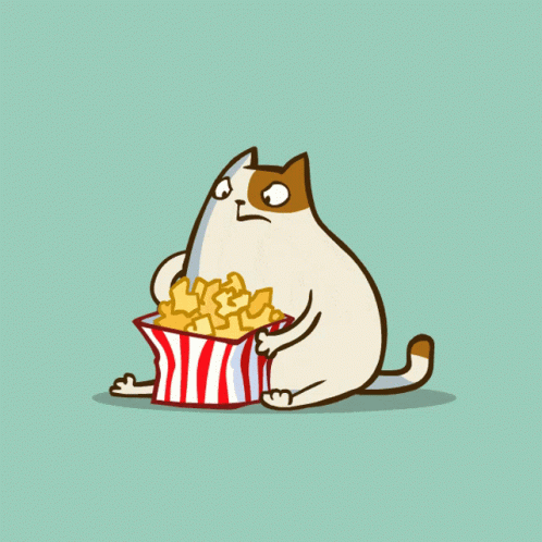 a cat is eating popcorn from a striped container