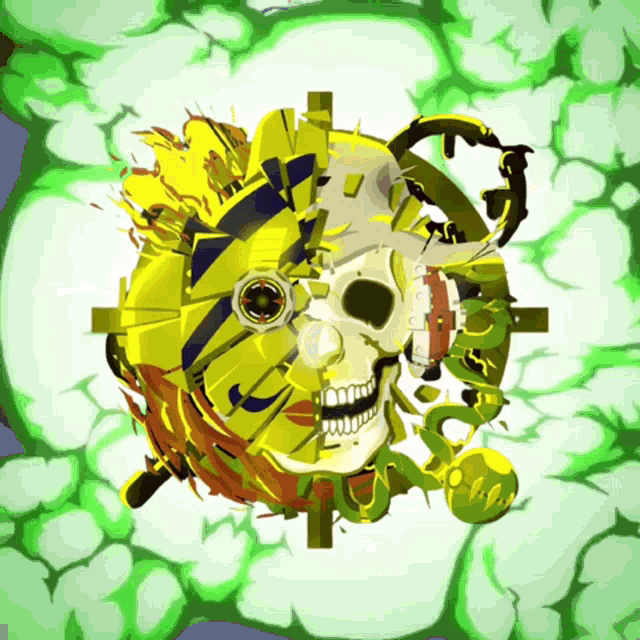 a cartoon drawing of a skull with a target in the background