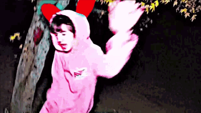 a person wearing a pink hoodie with a red bow on their head