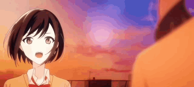 a girl in a school uniform is standing next to a man in a sunset .