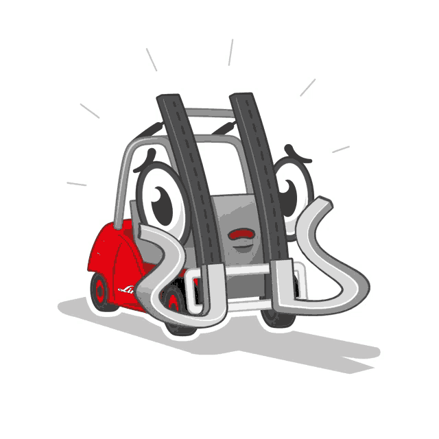 a cartoon drawing of a forklift with a face and the word linde on the back