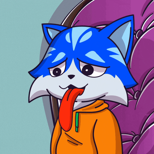 a cartoon drawing of a blue cat sticking out its tongue