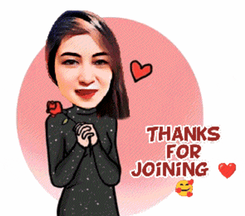 a cartoon of a woman holding a rose with the words thanks for joining