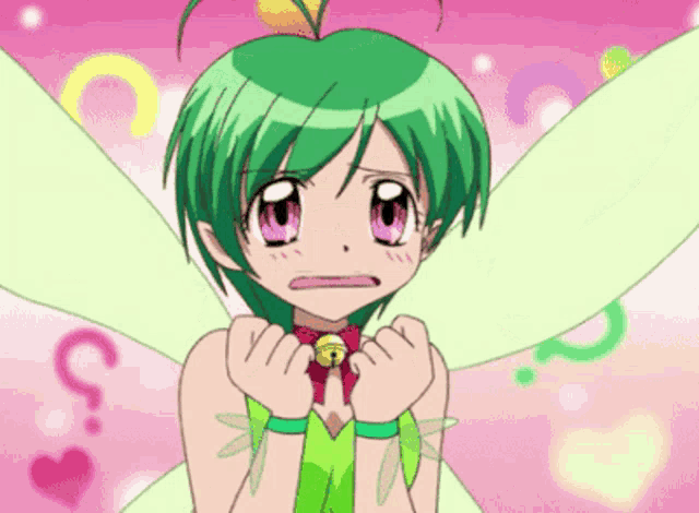 a girl with green hair and wings has a bell around her neck and a question mark in the background