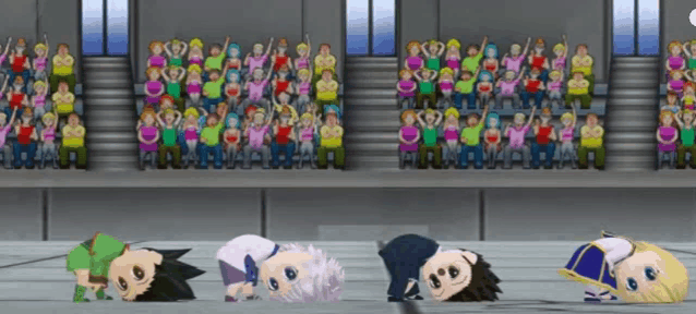a group of cartoon characters are standing upside down in front of a crowd