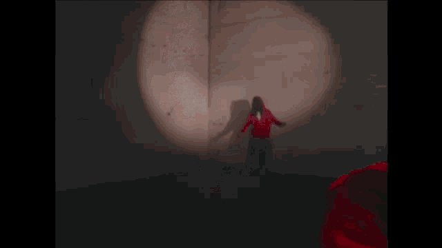 a person in a red hoodie is standing in a dark room in front of a white brick wall .