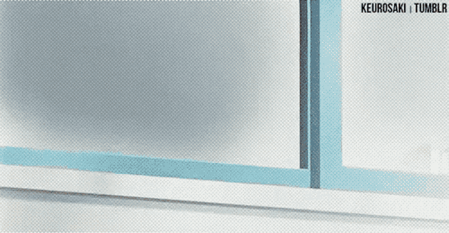 a cartoon of a person looking out of a window with a leaf on it .