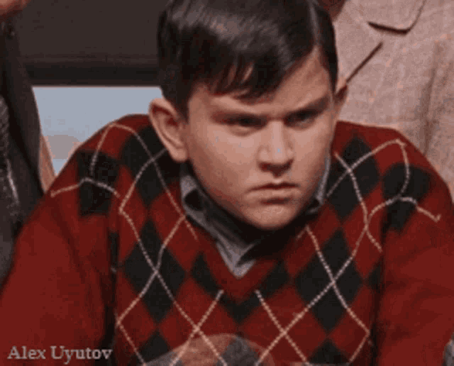 a young man wearing a red and black plaid sweater with alex uyntov written on the bottom right