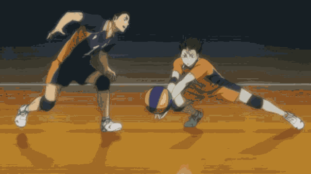 two volleyball players are playing a game and one has the number 7 on his jersey