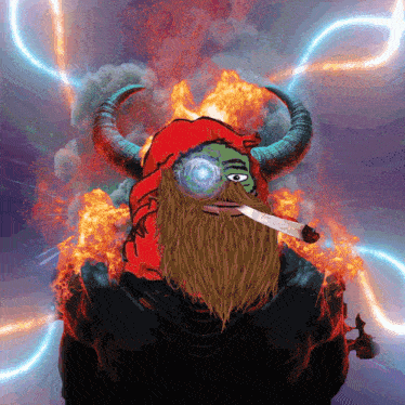 a cartoon drawing of a man with horns and a beard smoking a cigarette