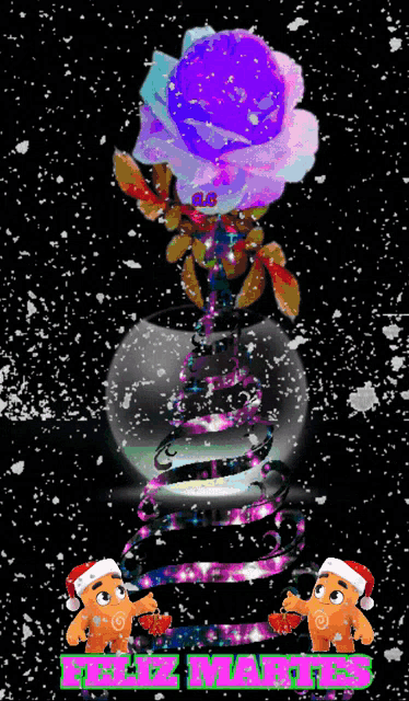 a purple rose in a snow globe with the words feliz martes written below it