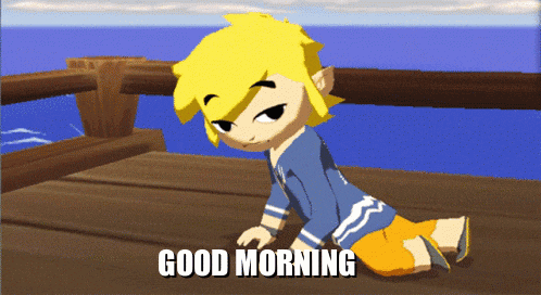 a cartoon character is crawling on a wooden deck with the words good morning written below him