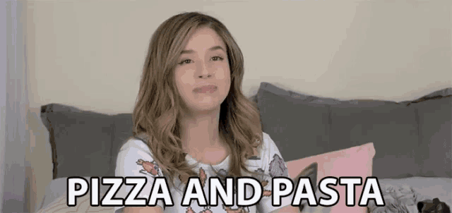 a woman is sitting on a bed with the words pizza and pasta written on the bottom