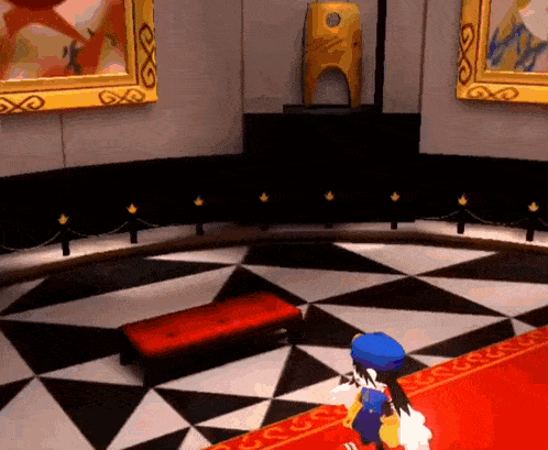 a cartoon character in a blue hat is standing in a room with a checkered floor