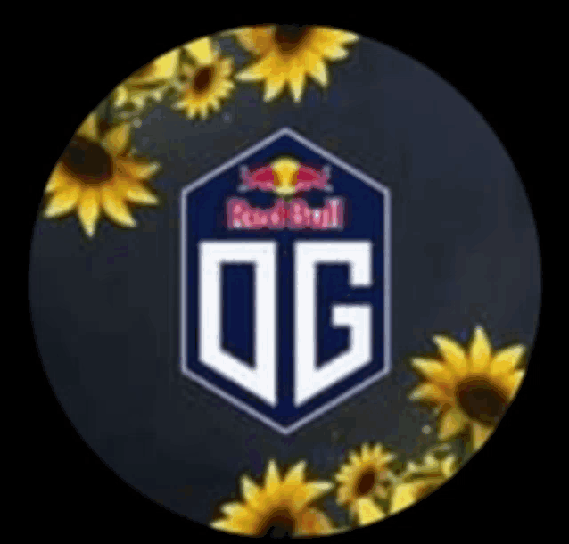 a logo for red bull og with sunflowers in the background