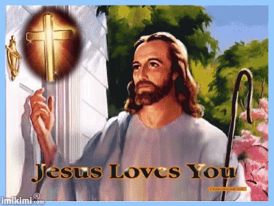 a picture of jesus with the words " jesus loves you " on it