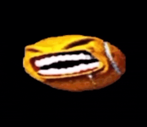 a close up of a yellow smiley face on a black background with a knife in its mouth .
