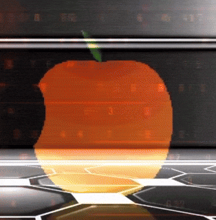 an orange apple with a green stem is displayed on a black background