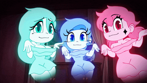 three cartoon characters are standing next to each other and one of them is blue and the other is pink