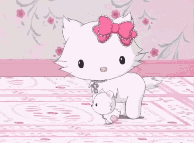 a white hello kitty with a pink bow is walking on a pink floor