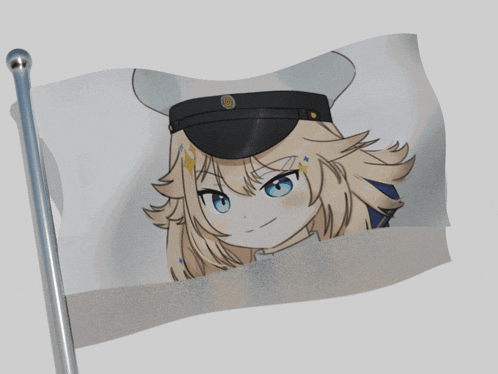 a flag with a picture of a girl wearing a black hat