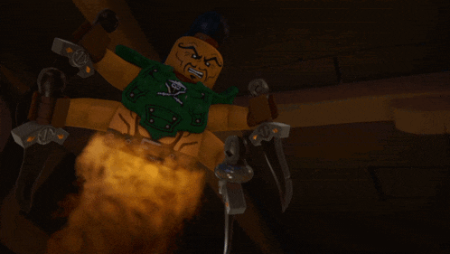 a cartoon character with a green vest and a skull and crossbones on it