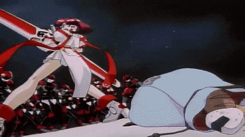 a cartoon character is holding a sword in front of a crowd of people .