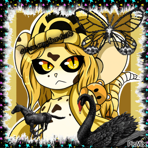 a picture of a cheetah holding a butterfly and a black swan with the words " sit on my face " at the top