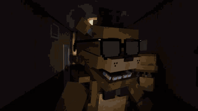 a cartoon of a bear wearing sunglasses in a dark hallway