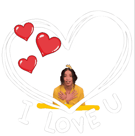 a woman in a yellow shirt is surrounded by pink hearts and the words " i love u "