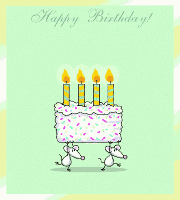 a birthday card with two mice carrying a cake with candles and the words happy birthday