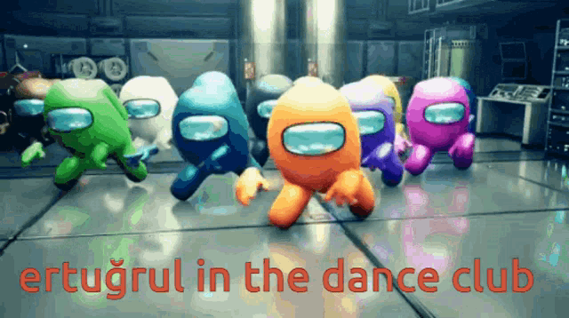 among us characters are dancing in a room with the words ertugrul in the dance club below them