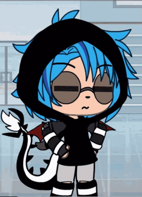 a cartoon character with blue hair wearing a black hoodie and sunglasses