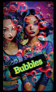 a painting of two women with bubbles surrounding them and the word bubbles in green