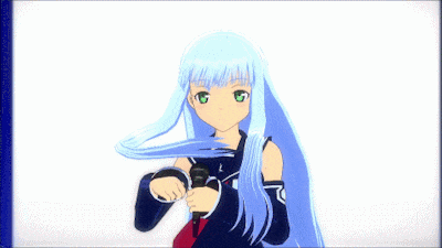a girl with long blue hair and green eyes holds a microphone