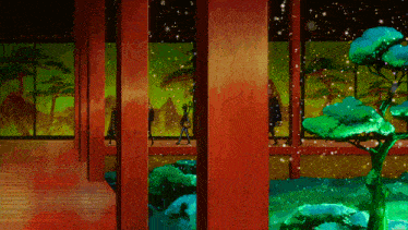 a painting of people walking in a room with trees
