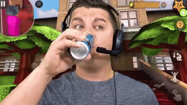 a man wearing headphones is drinking from a can in a video game