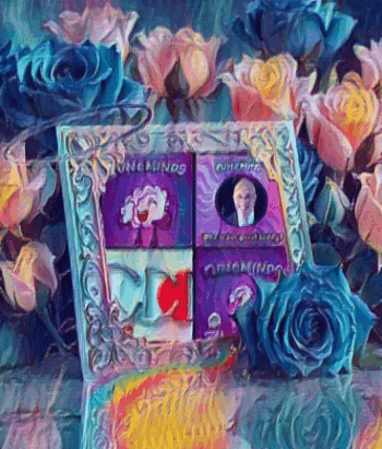 a picture frame with a picture of a man and the words " young minds " on it is surrounded by roses