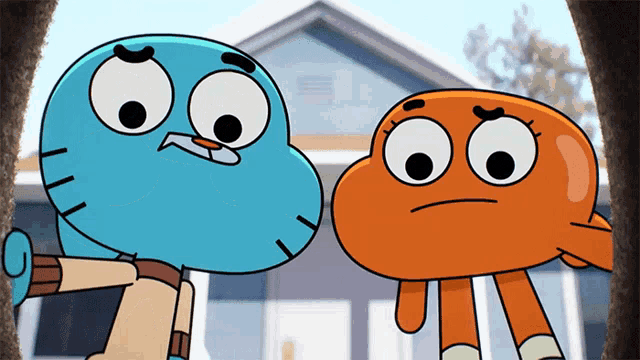 gumball and darwin from the amazing world of gumball standing next to each other