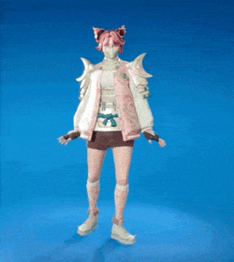 a girl with pink hair is wearing a mask and a pink jacket