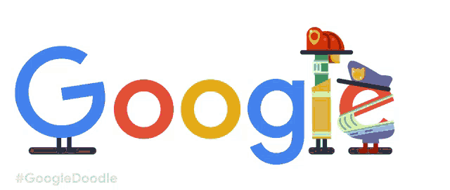 a google logo with hearts and a police hat on it