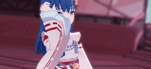 a girl with blue hair is wearing a white and red kimono and covering her face with a white cloth .