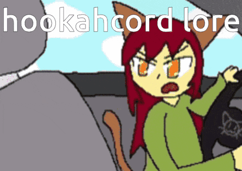 a cartoon of a cat driving a car with the words hookahcord tore written above her