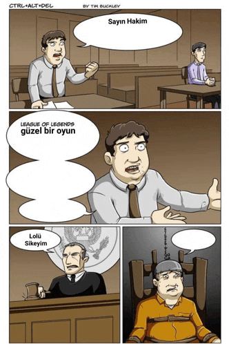 a cartoon by tim buckley shows a man in a courtroom and a man in a chair