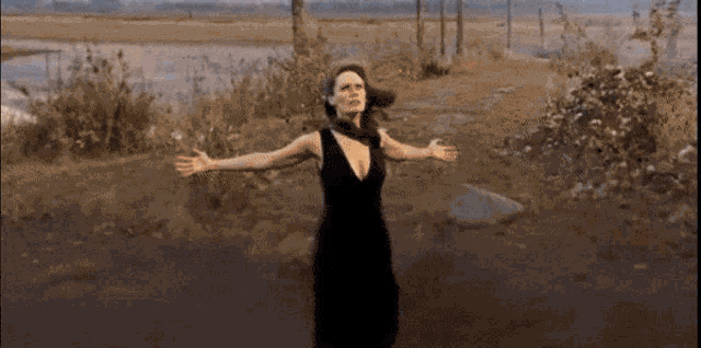 a woman in a black dress is standing with her arms outstretched in a field .