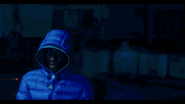 a man in a blue jacket stands in front of a blue car with license plate lji6 eny